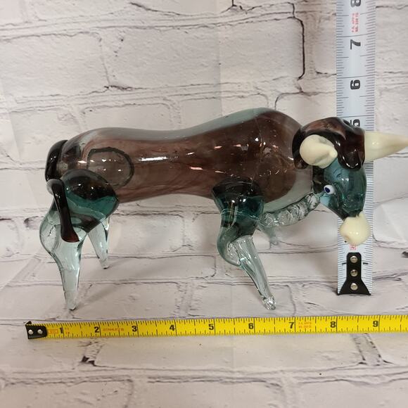 Murano Mouth Blown Glass Bull Cobalt Blue White Swirl Horned Figurine Large - Picture 6 of 7